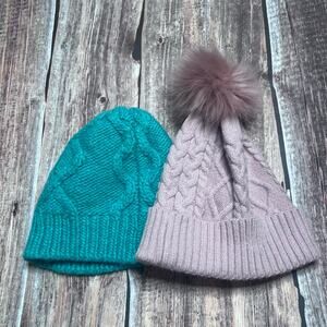 Bundle of 2 J Crew Green Wool Blend Knit Beanie and Dusty Pink With Pompom